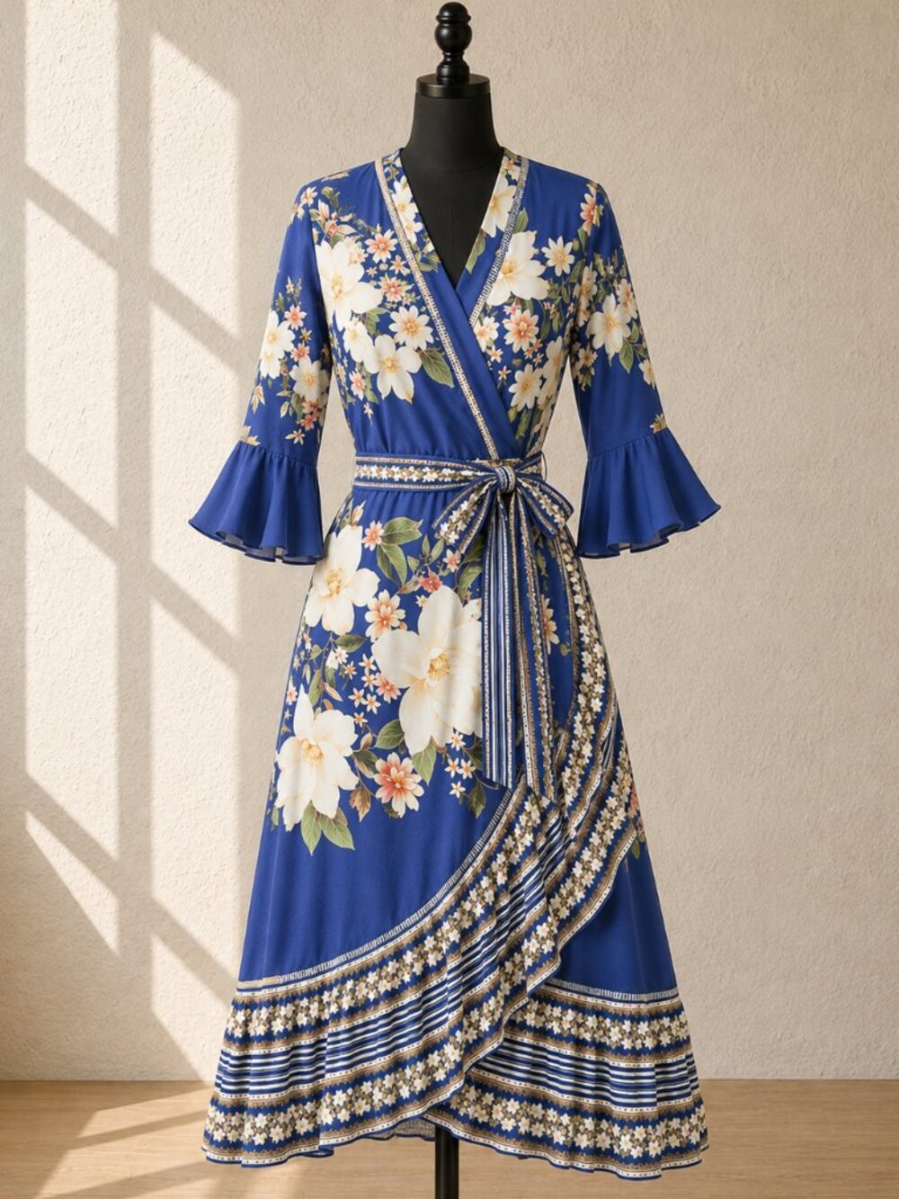 Farm Rio Anthropologie Midnight Flower Ruffle Wrap Dress XS Floral Tropical